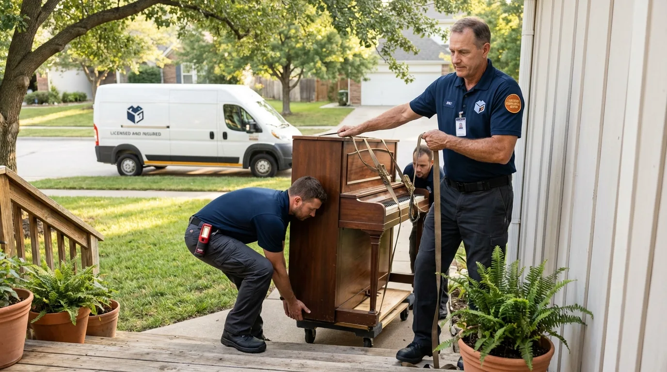 Licensed piano movers securing grand piano in Archie, MO