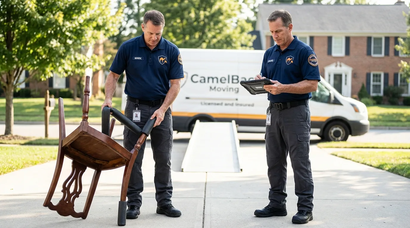 Movers inspecting furniture for damage prevention before loading in Archie, MO